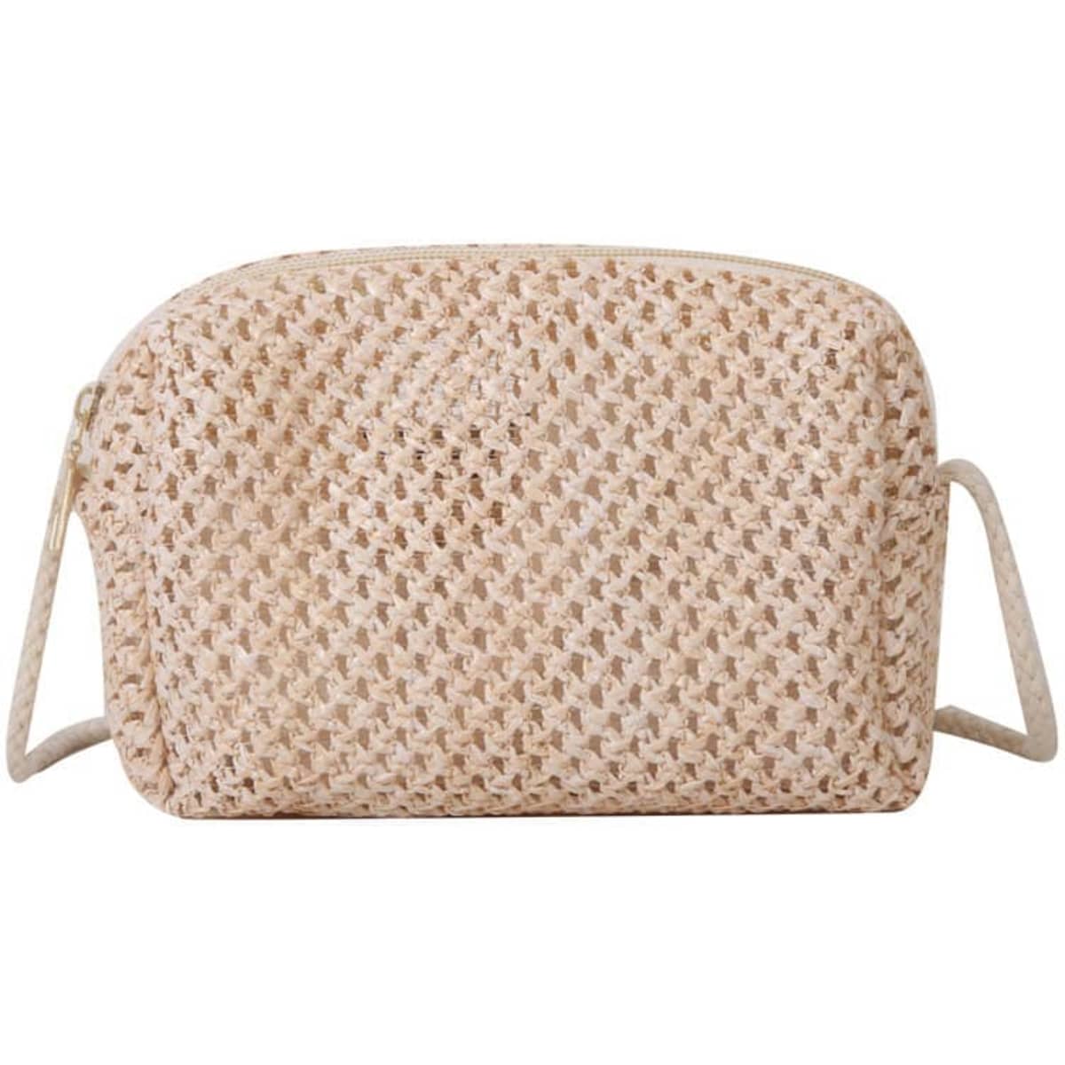 A small crossbody bag in a light beige straw material, featuring a zip closure and a shoulder strap.