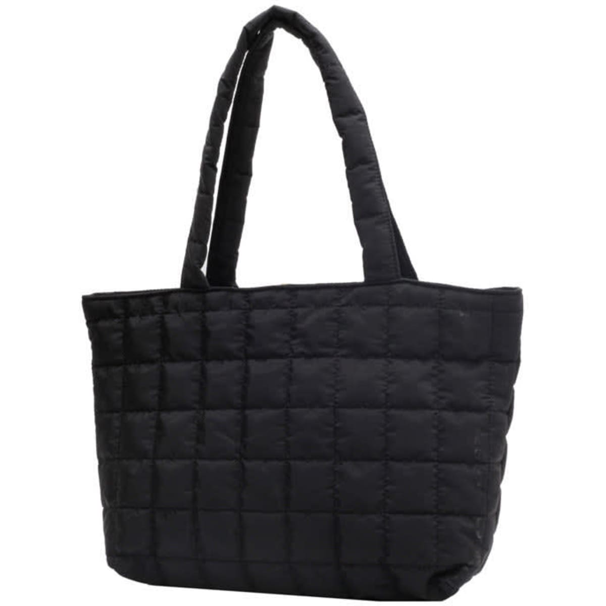 A black puffer tote bag with a quilted design and two sturdy handles, featuring a logo.
