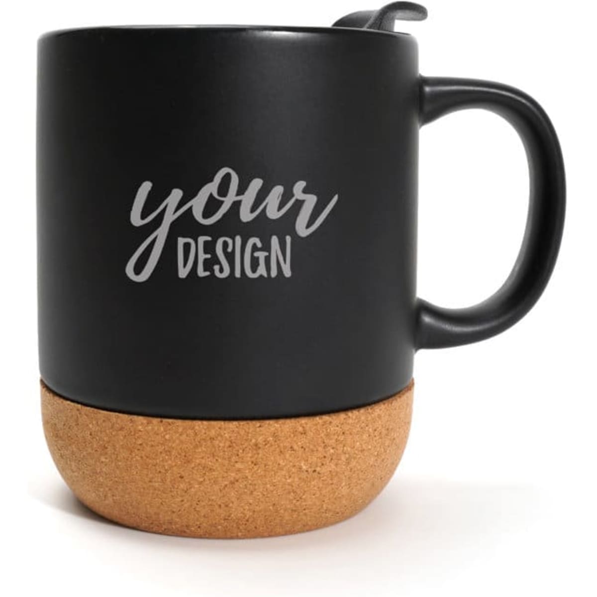 A ceramic mug with a matte black finish and a cork bottom, featuring a branding logo on one side.
