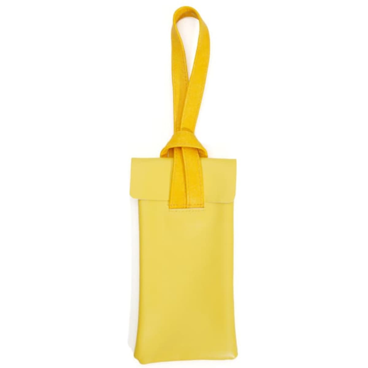 A yellow PVC leather glasses storage bag with a strap, featuring a sleek design. It has a contrasting white side.