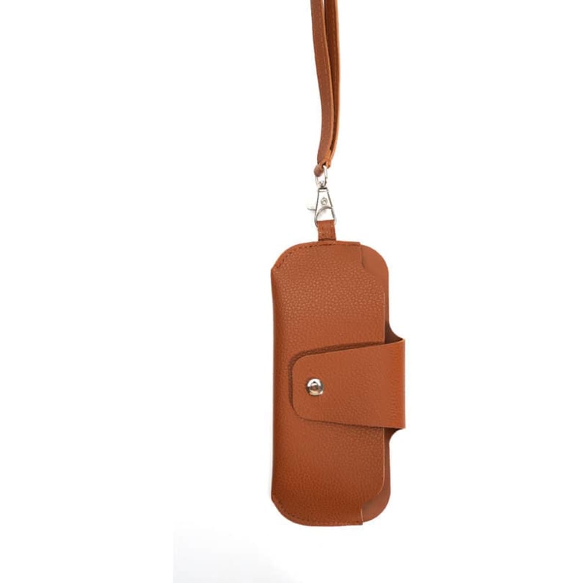 A portable glasses pouch with strap in a brown textured finish, featuring a secure closure and a detachable strap.