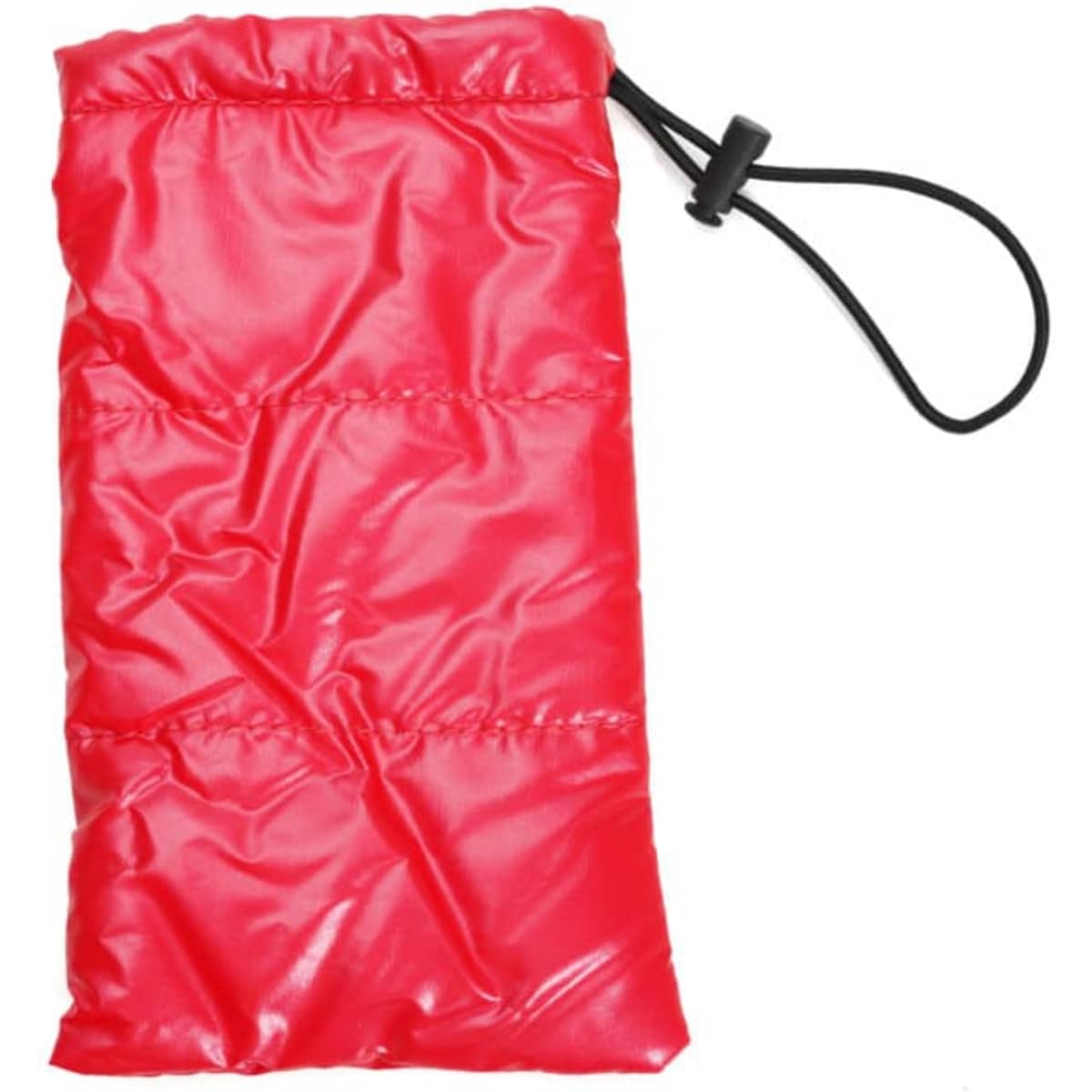 A red drawstring storage bag with a puffer design, featuring a black cord for closure and a simple branding logo.