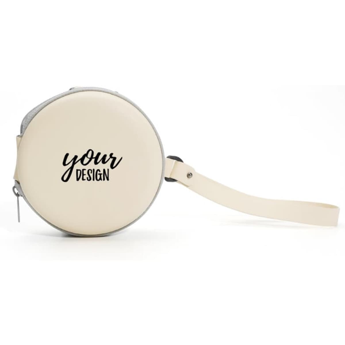 A round, cream folding eyeglasses case with a zipper and a strap, featuring a customisable design area.