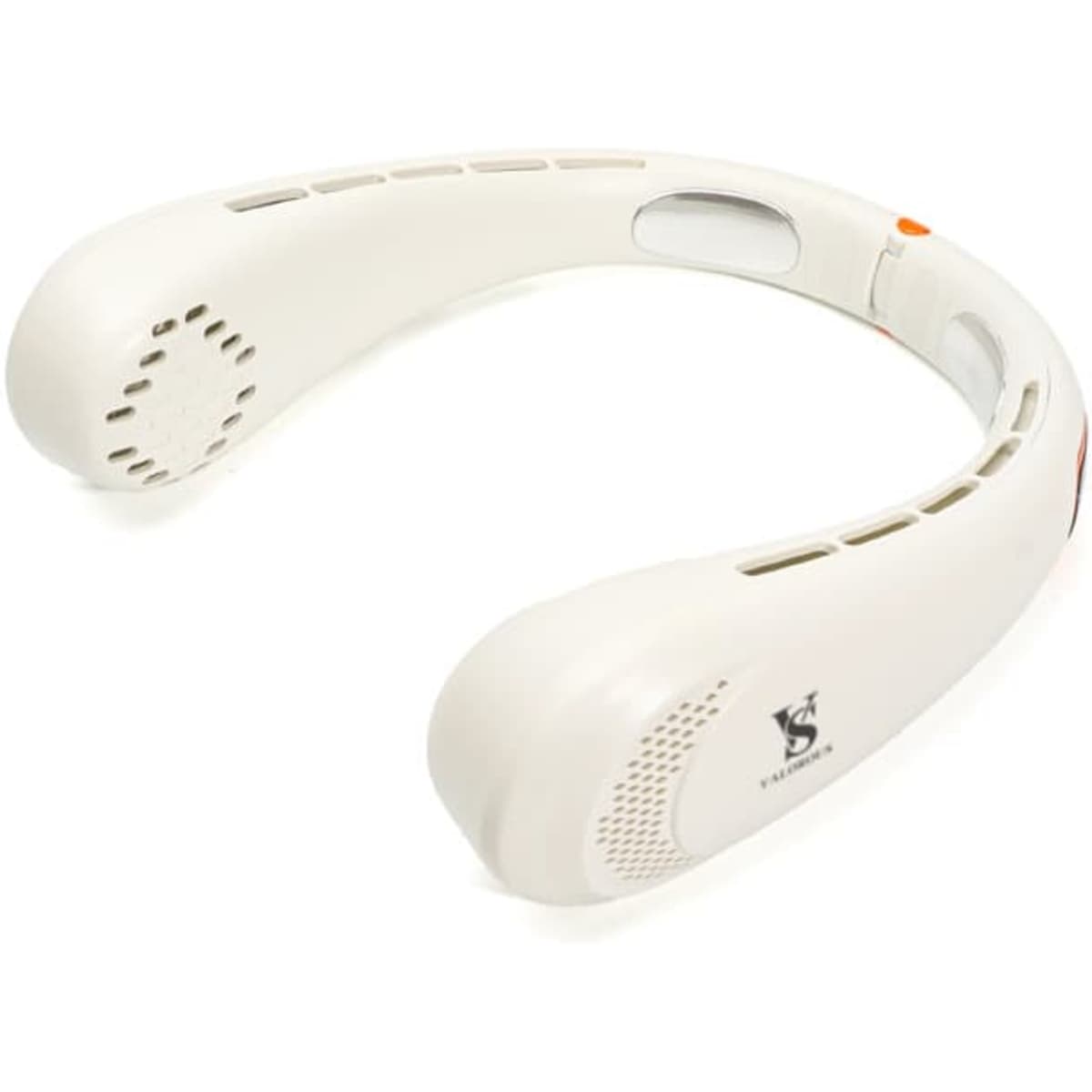 A portable neck fan in white with vents for airflow, featuring a logo and a sleek, ergonomic design.