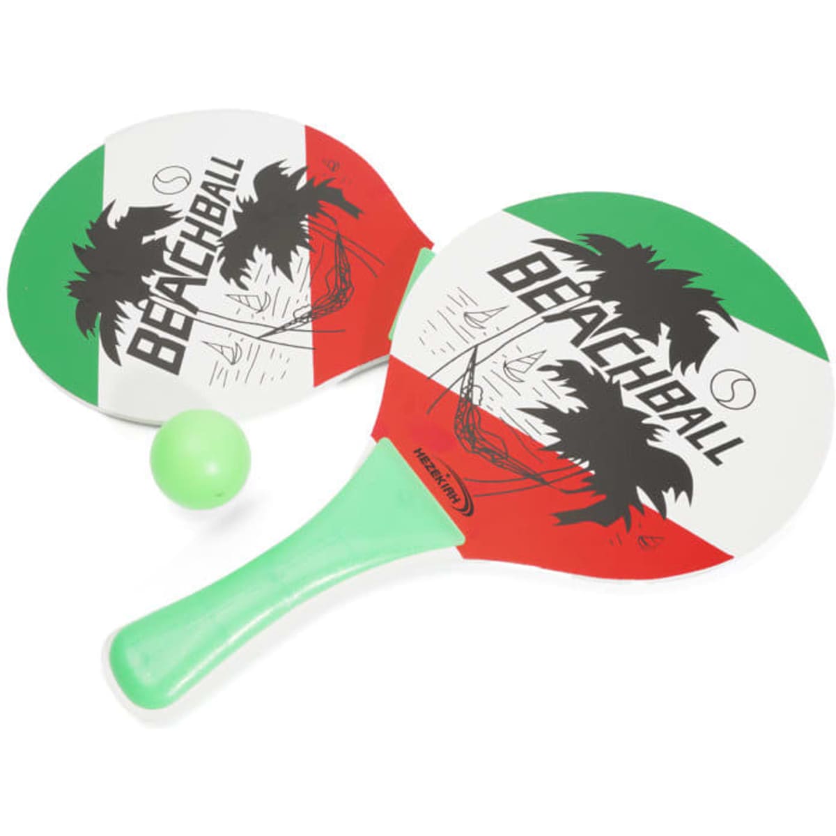 A beach ball racket set featuring green and red paddles with palm tree designs and a small ball.