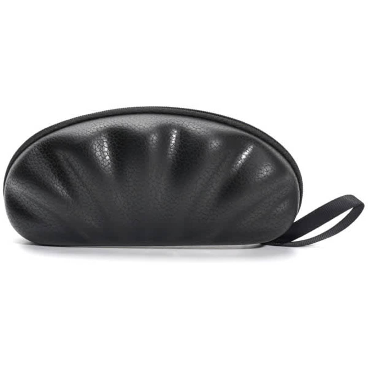 A black shell-shaped EVA glasses case with a textured finish and a side handle. It has a simple design and logo.