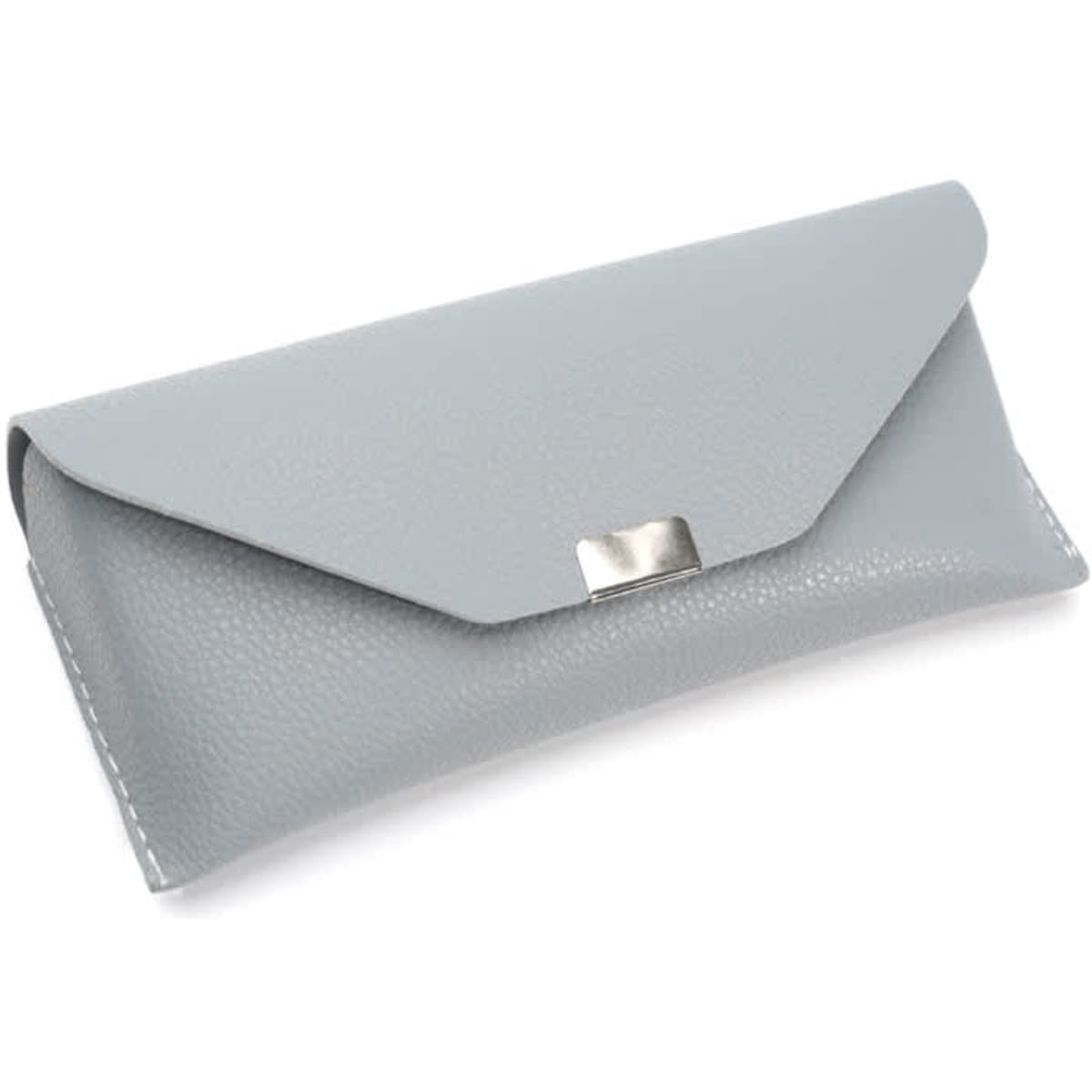 A grey glasses case with a sleek design, featuring a textured exterior and a metallic clasp.