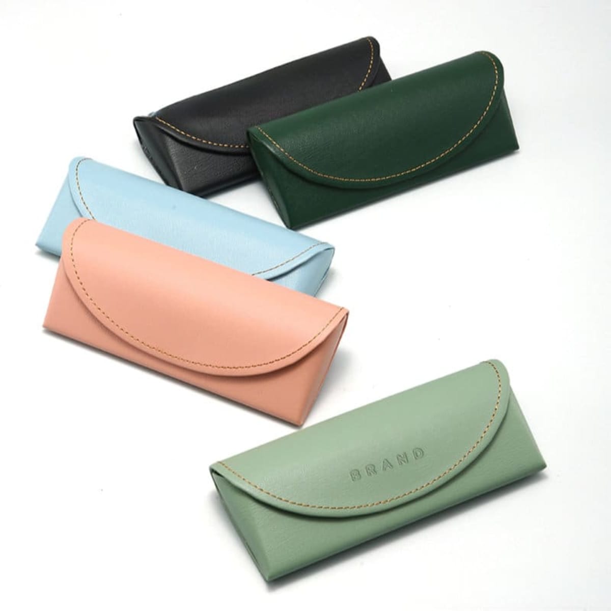 A collection of five portable PU sunglasses cases in black, green, light blue, pink, and pale green, featuring a logo.