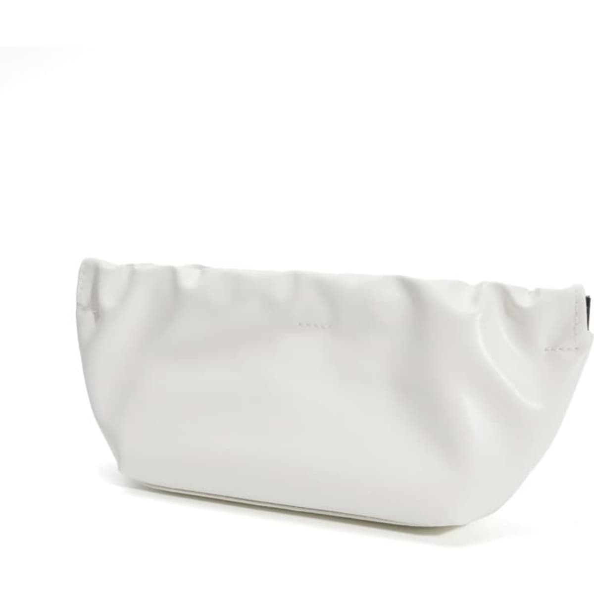 A white PU leather pouch with a squeeze top design, ideal for storing sunglasses and accessories.