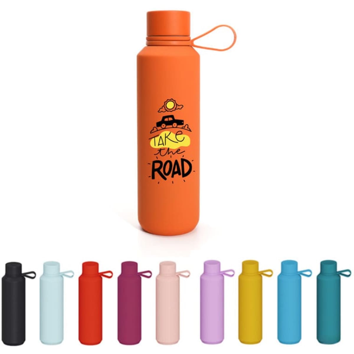 A drink bottle in orange with a logo, surrounded by various bottles in black, pink, purple, and blue shades.