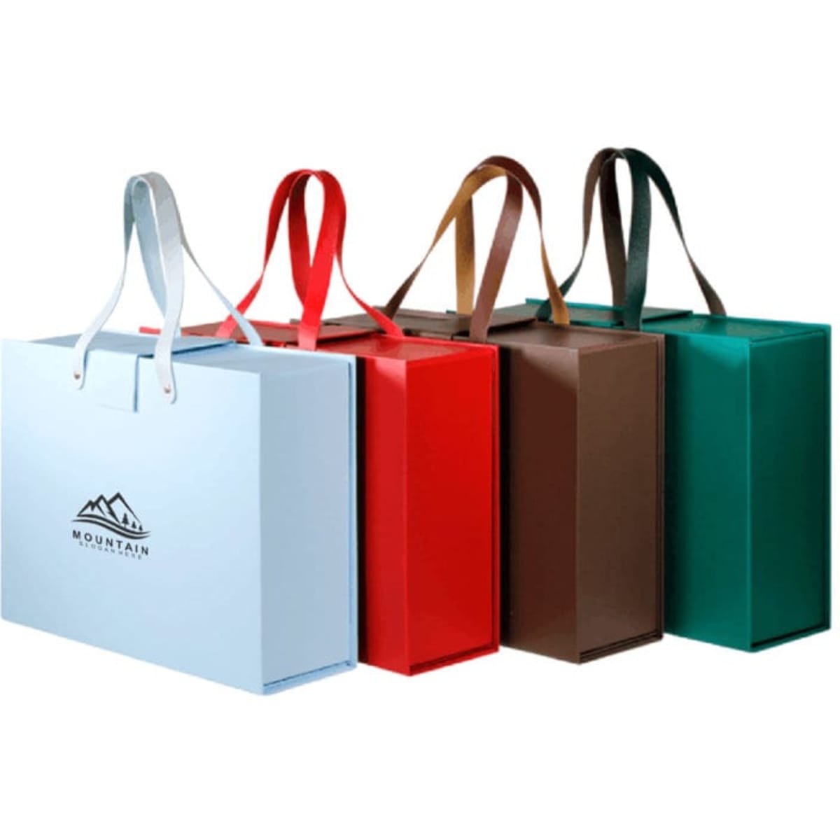 A set of four portable foldable gift boxes in blue, red, brown, and green, each with handles and a logo.