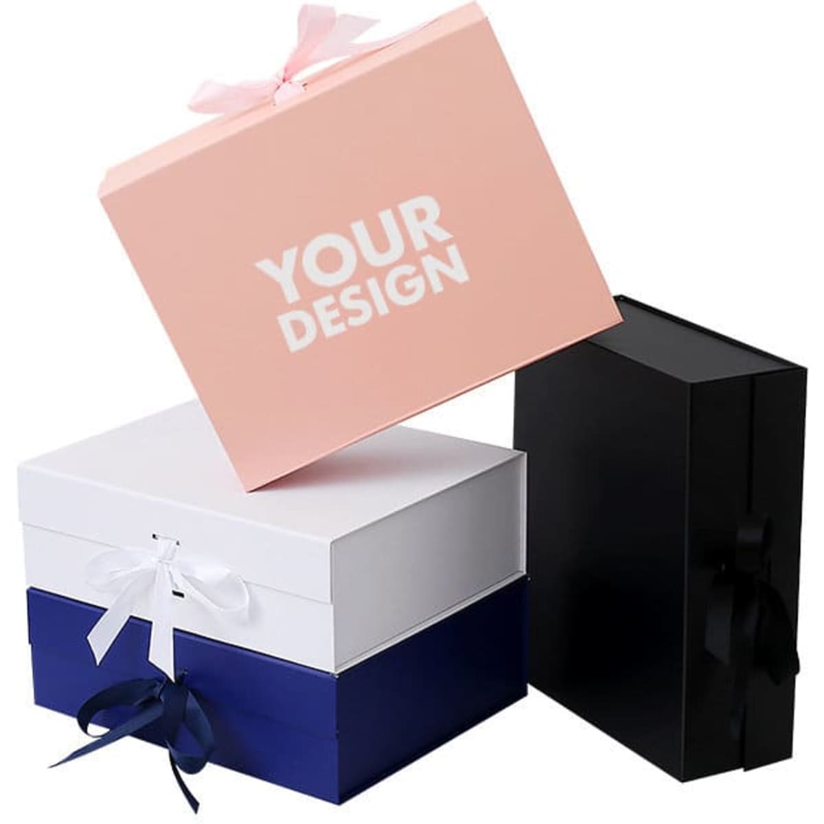 Three collapsible gift packaging boxes in pink, white, and black, with decorative ribbons and a logo.