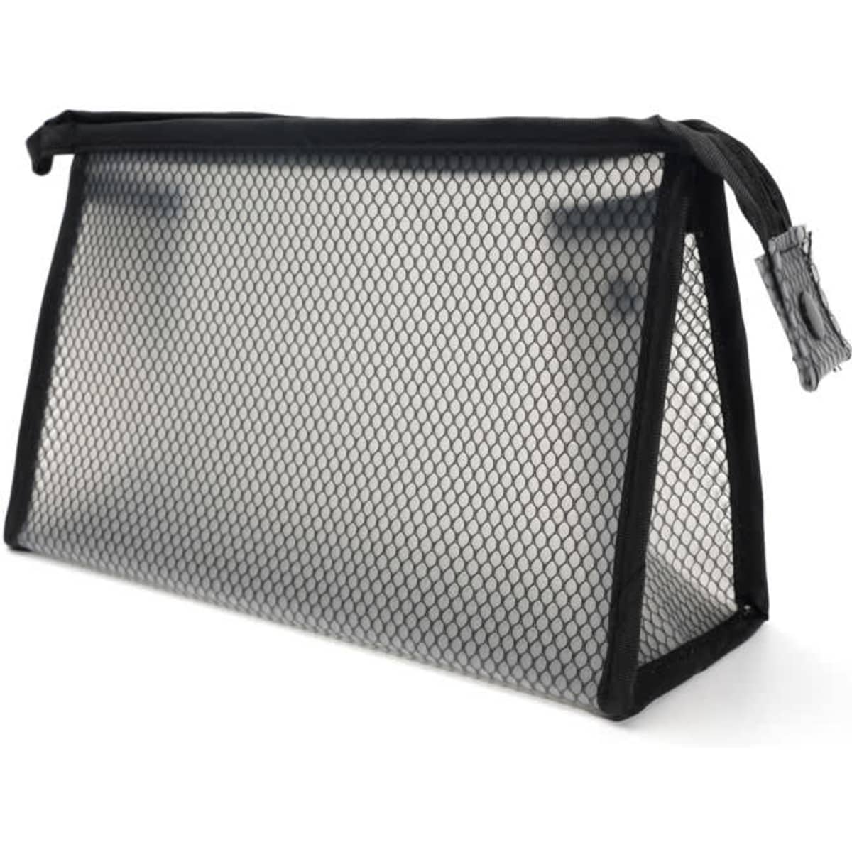 A transparent, black mesh makeup bag with a rectangular shape and a zip closure. It features a sturdy design for easy access.