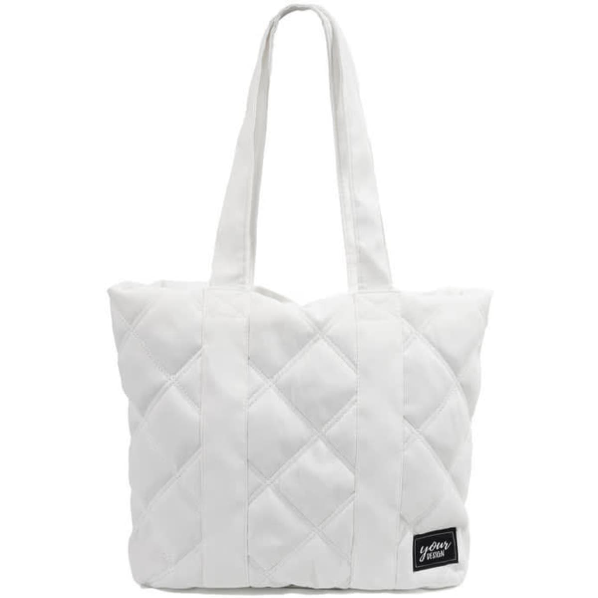 A large white puffer tote handbag with quilted design and shoulder straps, featuring a logo.
