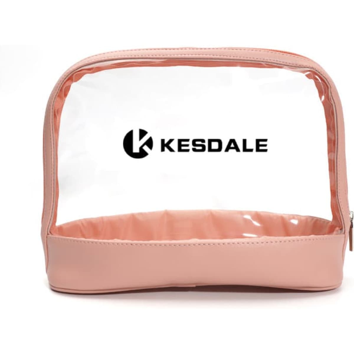 A pink portable clear toiletry bag with a transparent top and a branded logo on the front.