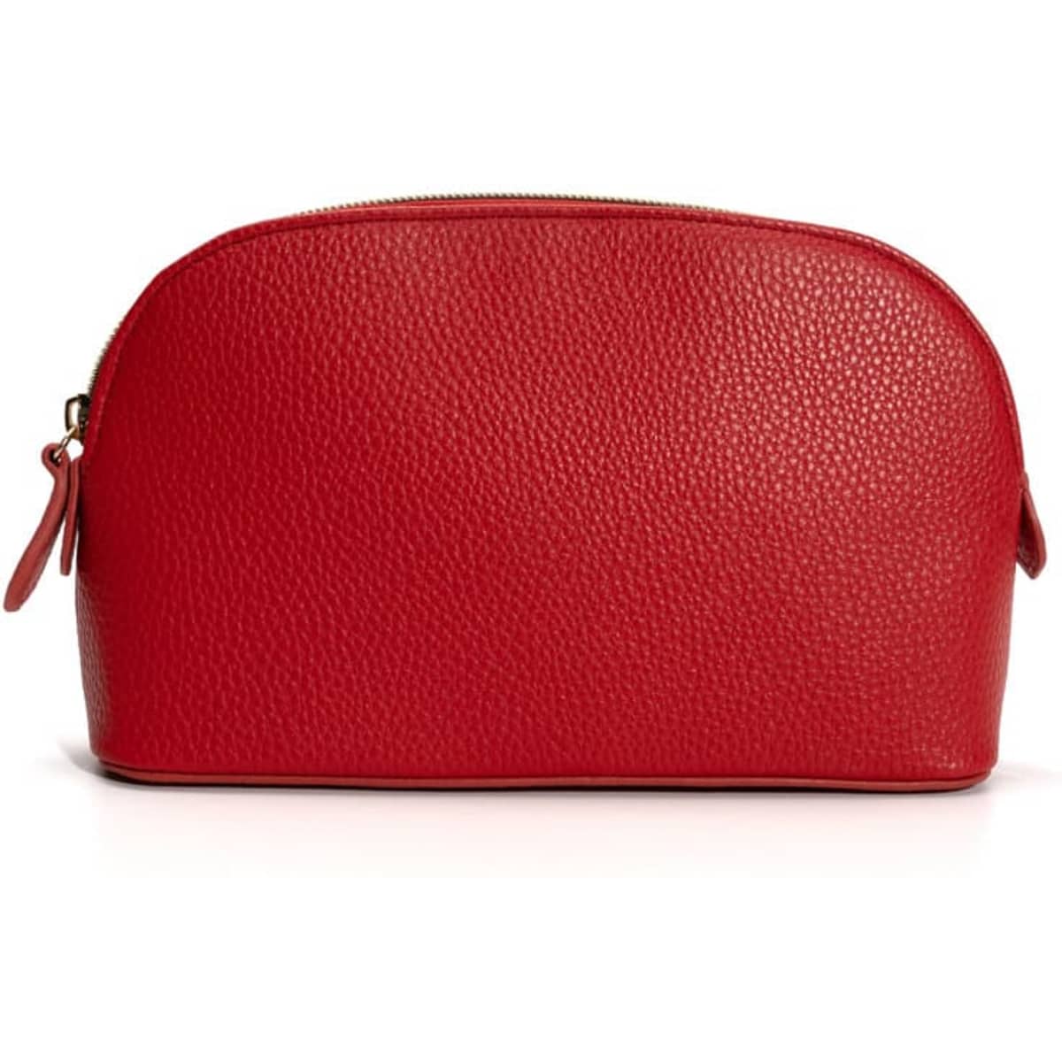 A shell-shaped cosmetic bag in vibrant red with a textured appearance and zip closure, featuring a small logo.
