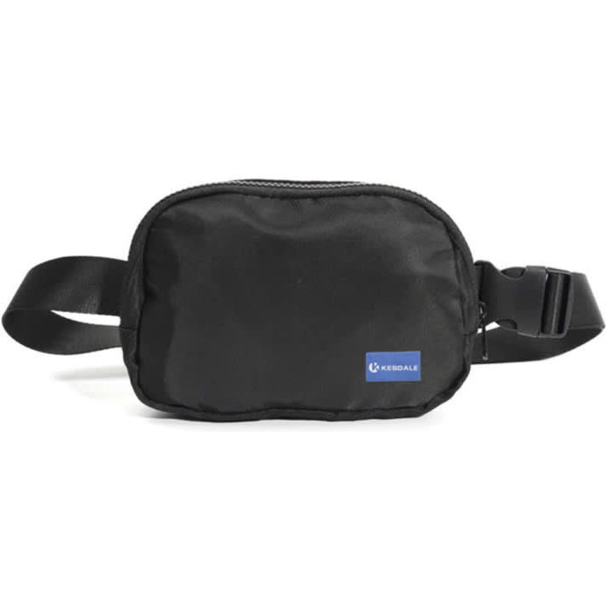 A black fanny pack with an adjustable strap and a small logo. The bag features a zippered closure.