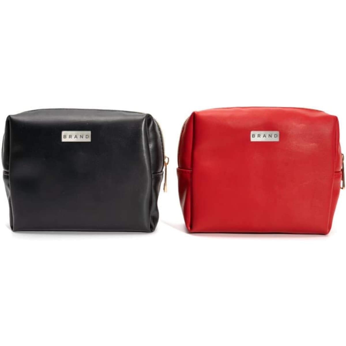 A black and a red PU leather makeup pouch feature a logo on the front. Both bags have zip closures.