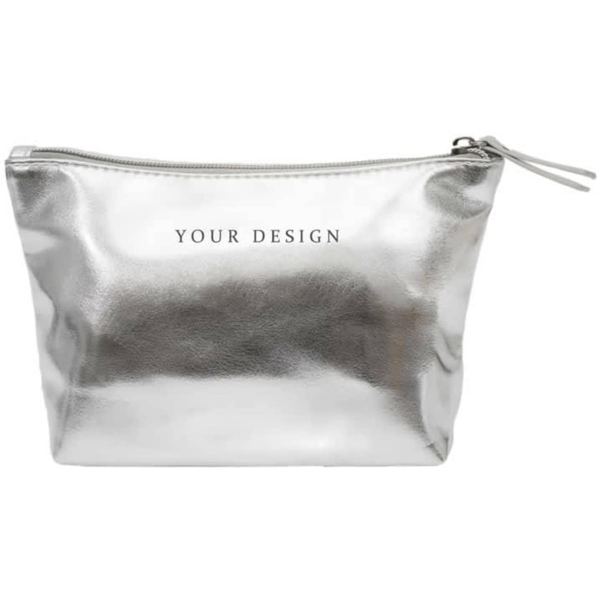 A silver PU leather zipper makeup bag featuring a sleek design and a zip closure. Includes a logo.