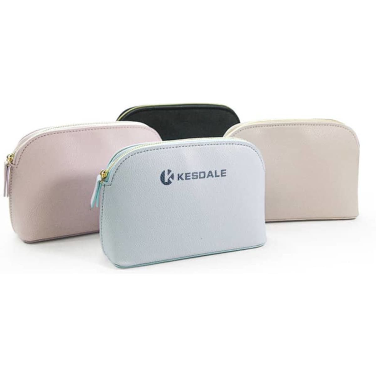 A collection of lightweight makeup organiser bags in pink, black, and two shades of cream, featuring a logo.