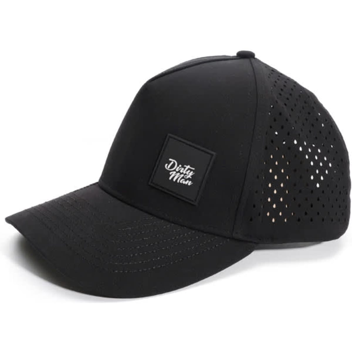 A black custom trucker hat with a ventilated design and a branded patch on the front.
