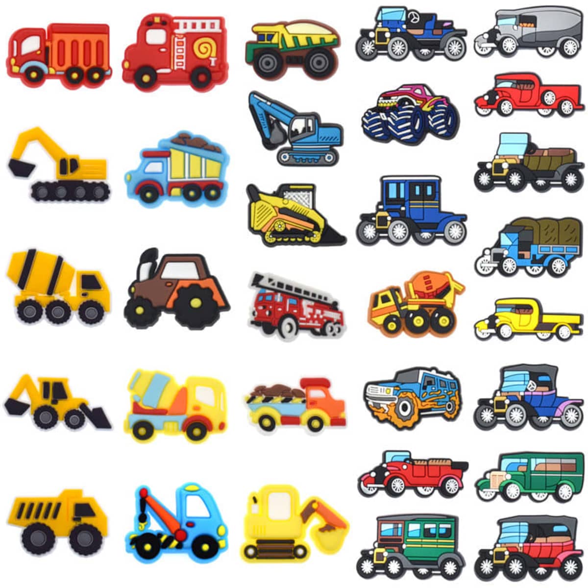 A collection of colourful PVC ornaments shaped like various vehicles, including trucks, cars, and construction machinery.