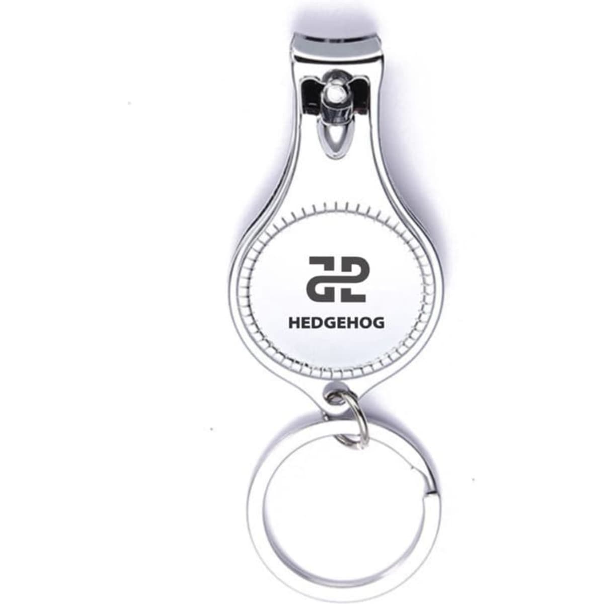 A silver nail clipper keychain with a bottle opener and a logo on the front.