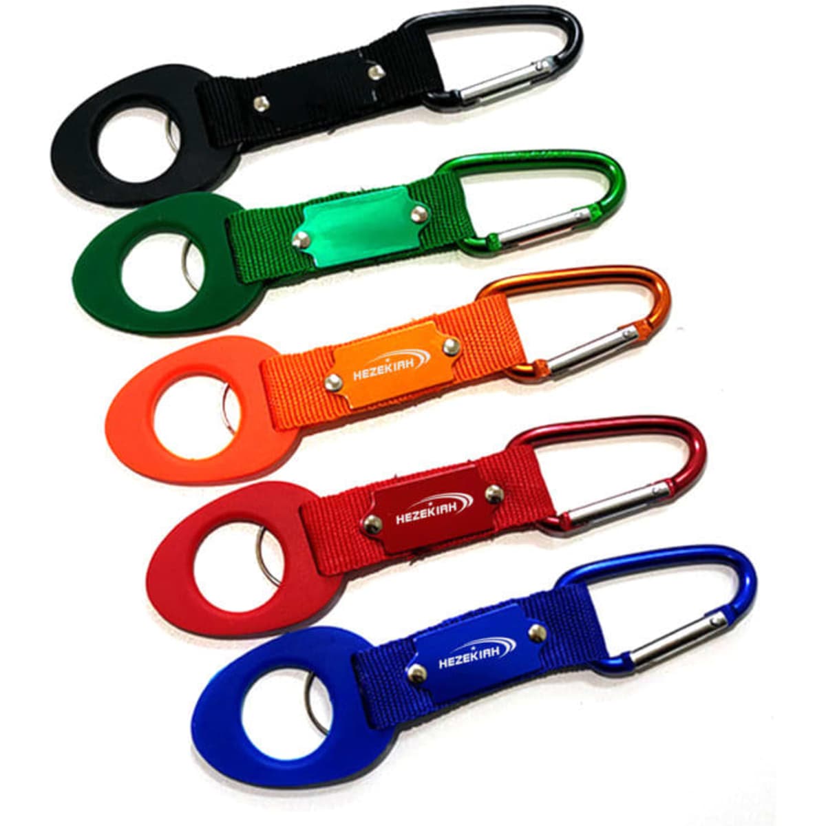 A drink bottle carrier hook with carabiner in five colours: black, green, orange, red, and blue. Features a logo.