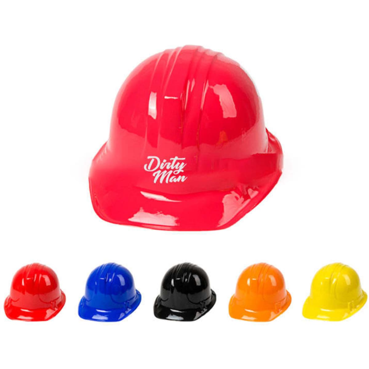 A set of small plastic construction helmets in red, blue, black, yellow, and orange, featuring a logo on the red helmet.