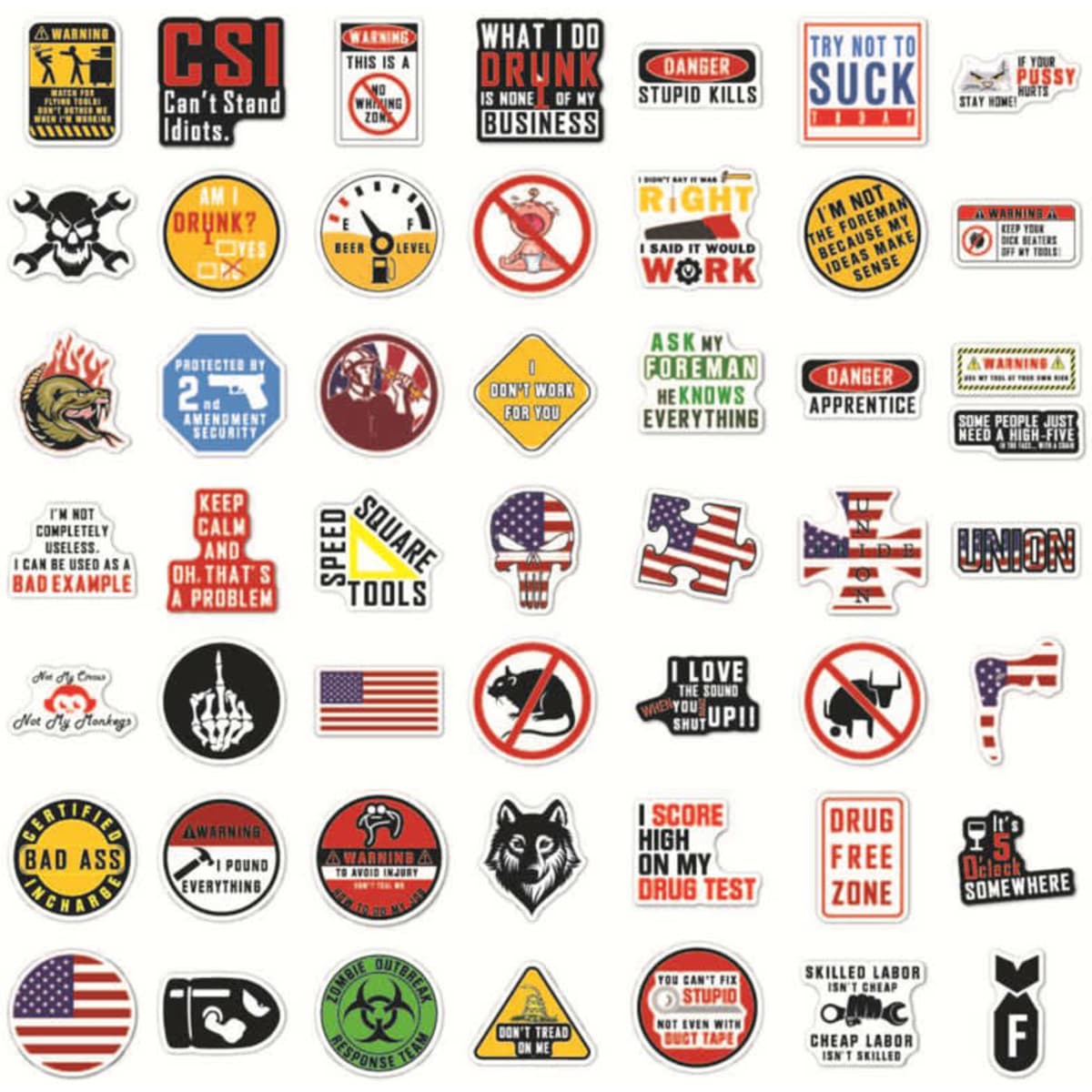 A variety of colourful sticker designs featuring slogans, symbols, and icons, including skulls and flags.