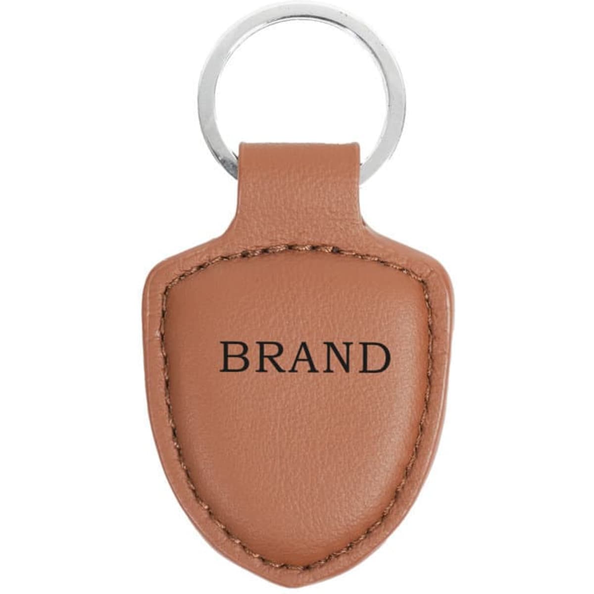 A personalised leather keychain in tan colour with a silver ring and a logo on the leather surface.