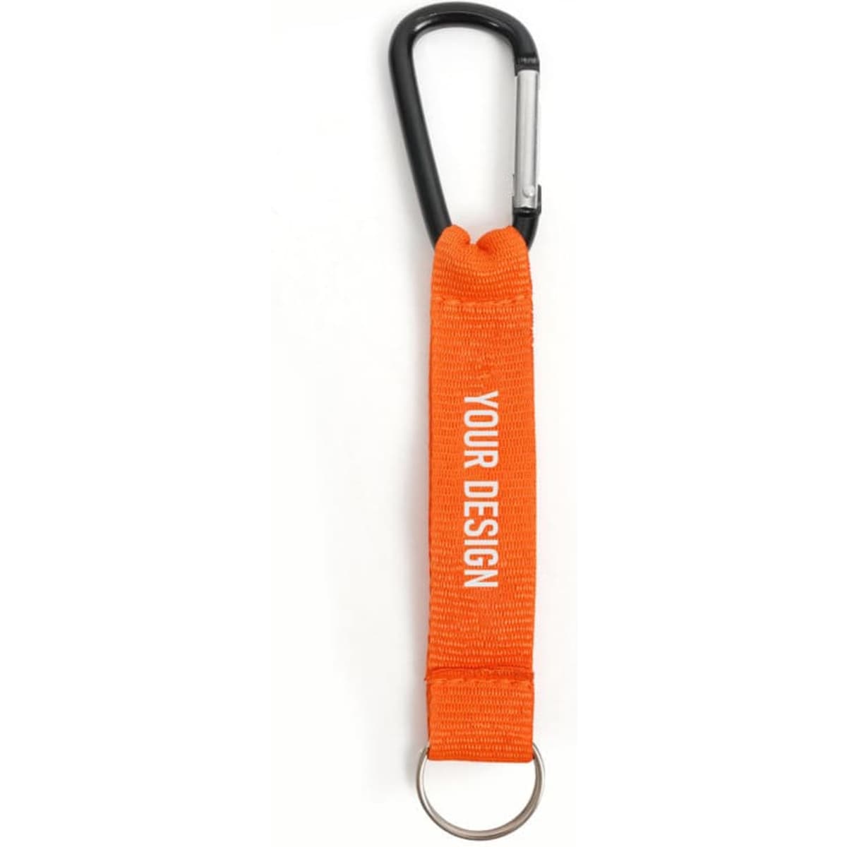 An orange lanyard with a black carabiner and a keyring attachment, featuring a logo.