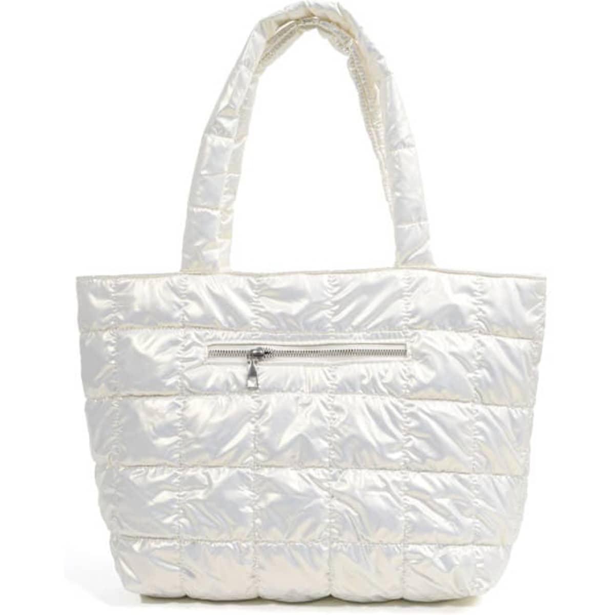 A large quilted tote bag in a shiny white finish, featuring two handles and a zippered pocket on the front.
