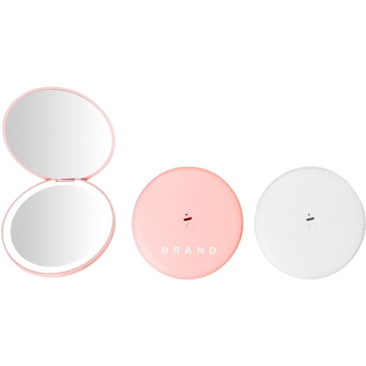 A folding vanity compact mirror with light in pink and white, featuring a logo on the front of the pink case.