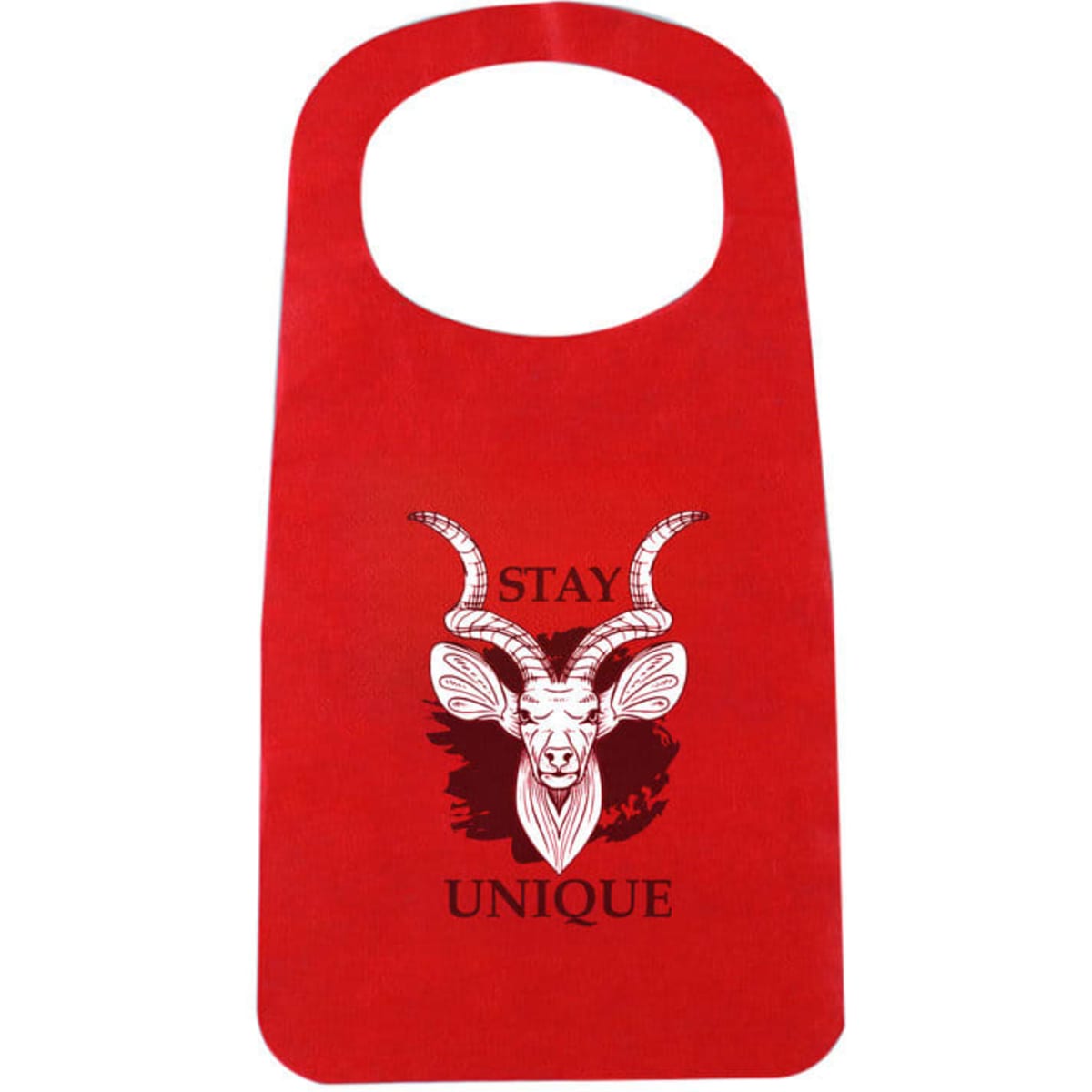 A red disposable non-woven apron with a graphic design featuring a goat's head and text.