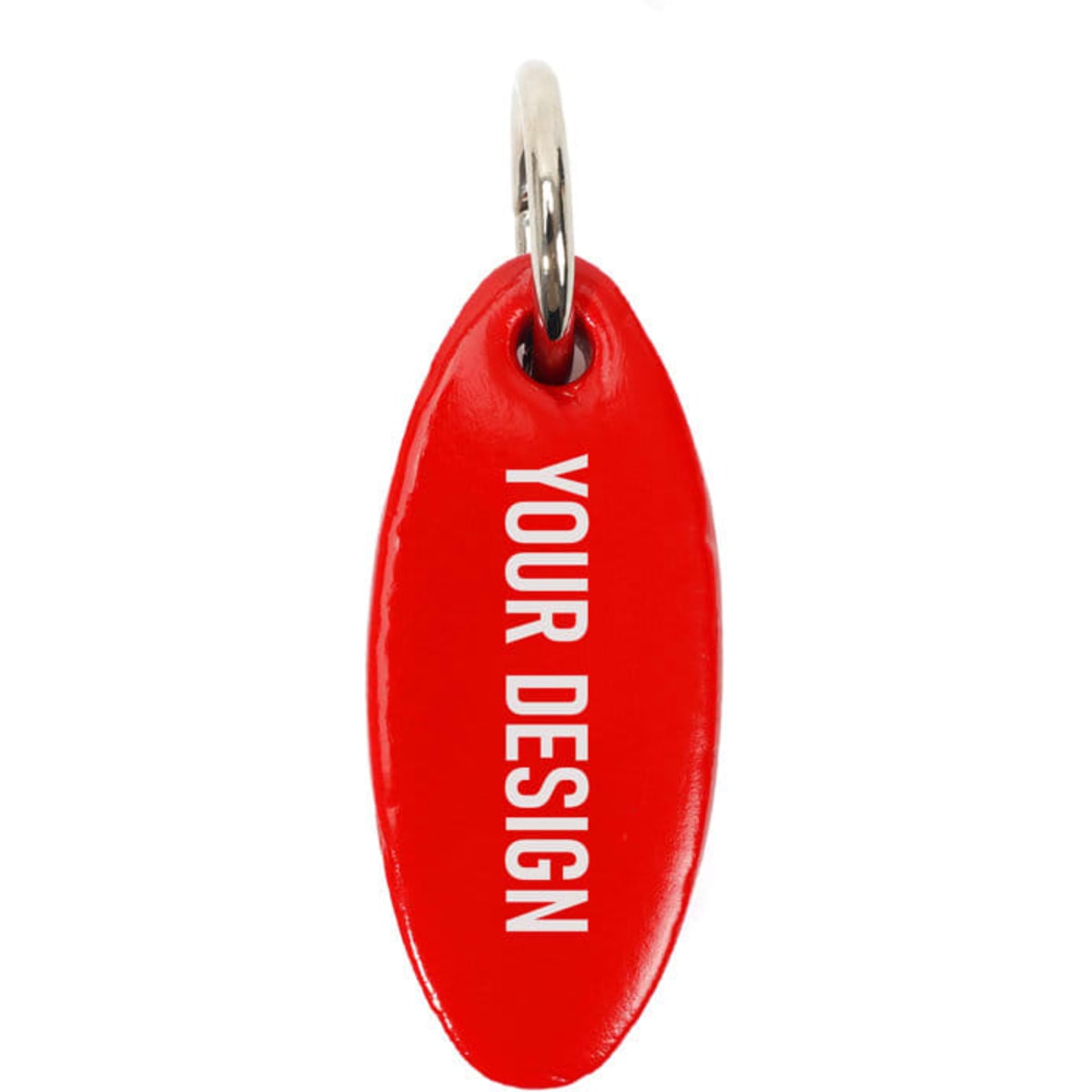 A red custom floating keychain featuring a design area for personalisation. It has a metal ring for attaching keys.