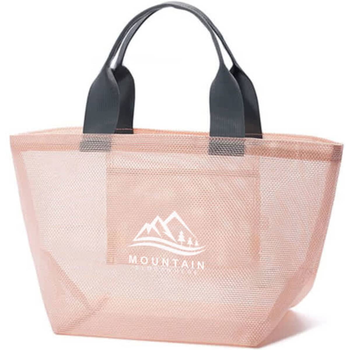 A foldable mesh tote bag in a soft pink hue with grey handles and a logo featuring mountains.