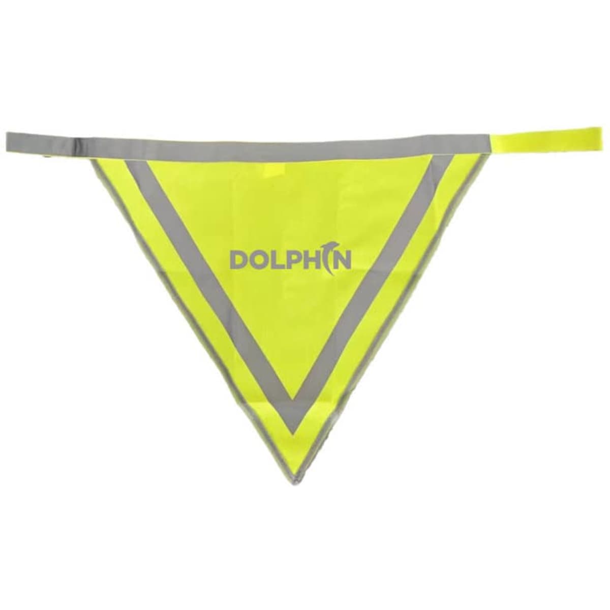 A reflective pet triangle scarf in bright yellow with grey accents and a brand logo.