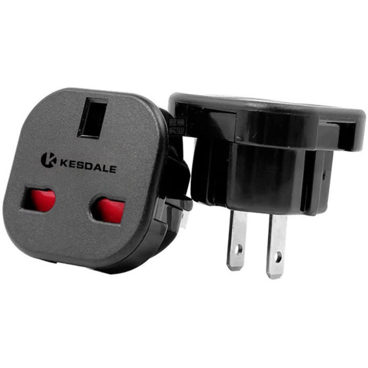 A black UK to USA plug adapter with two outlets and a logo. Designed for travel and technology use.