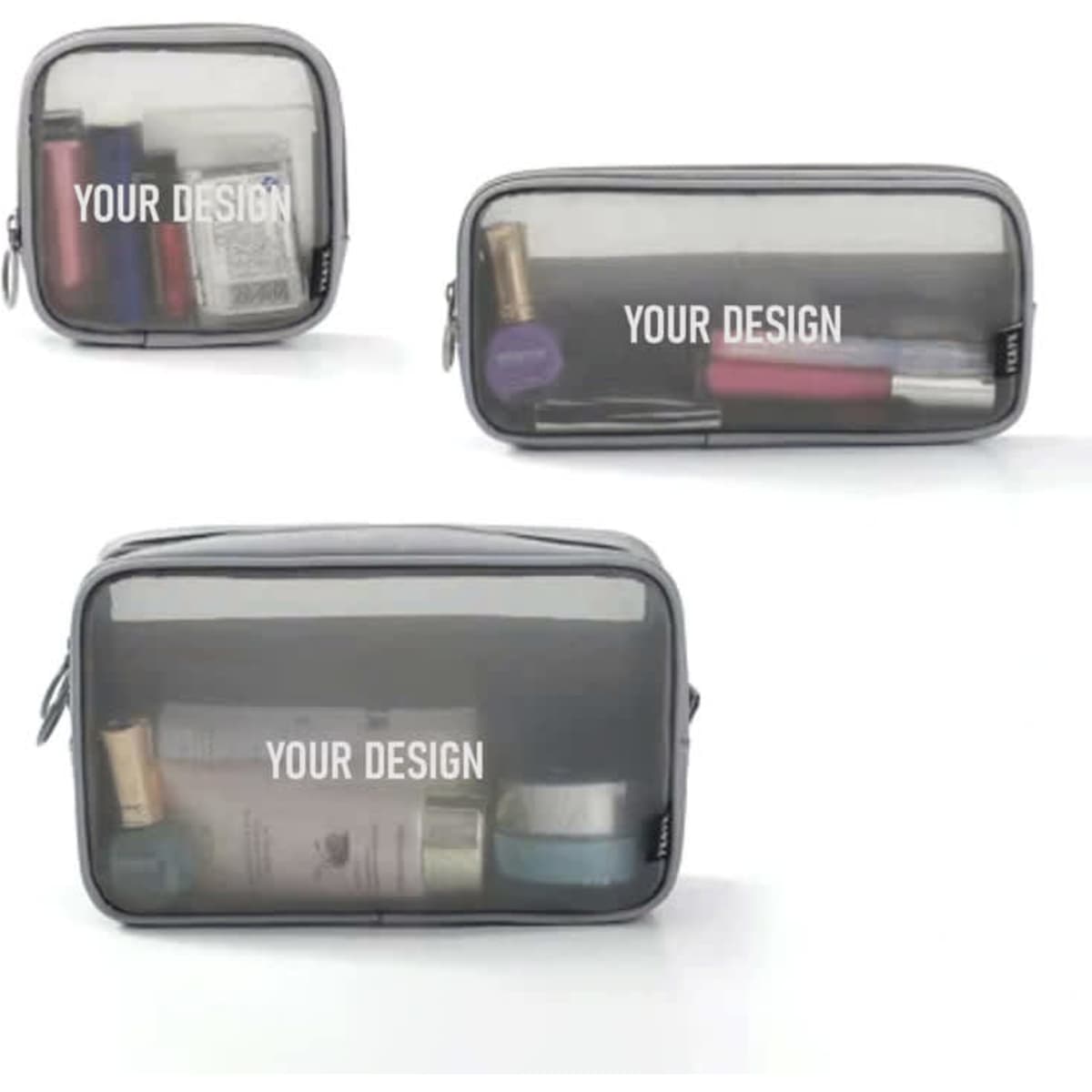 Three transparent grey mesh toiletry bags contain various cosmetic products, with a logo visible on each bag.