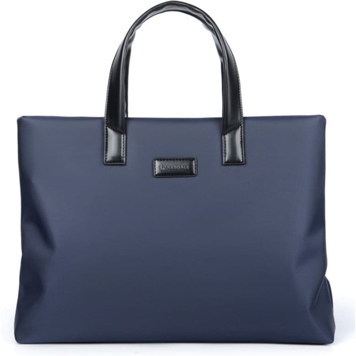 A navy blue waterproof laptop briefcase with black handles and a logo. Ideal for carrying laptops and documents.