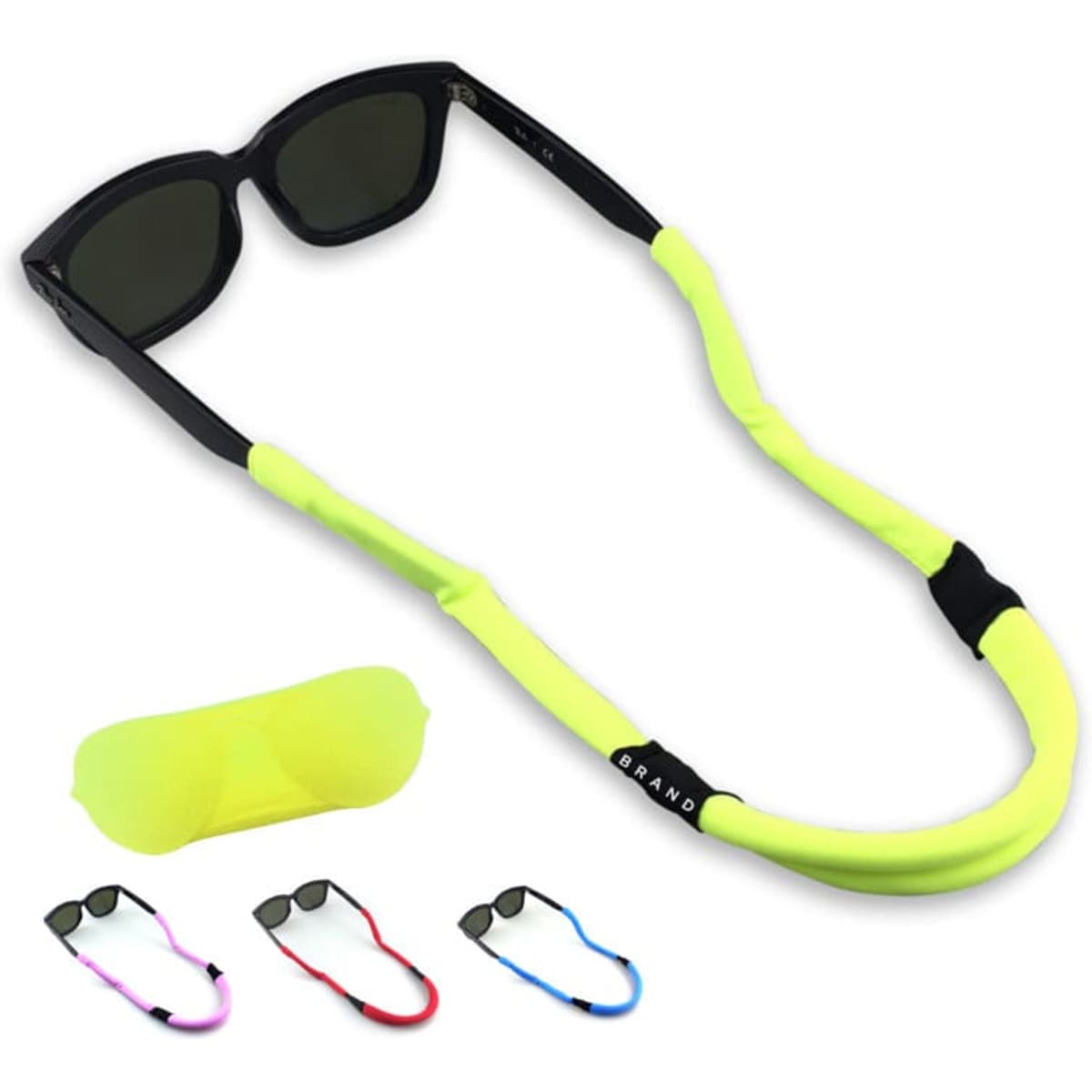 A neon yellow eyeglass string holder with black sunglasses, alongside various coloured straps. Includes a soft carrying pouch.