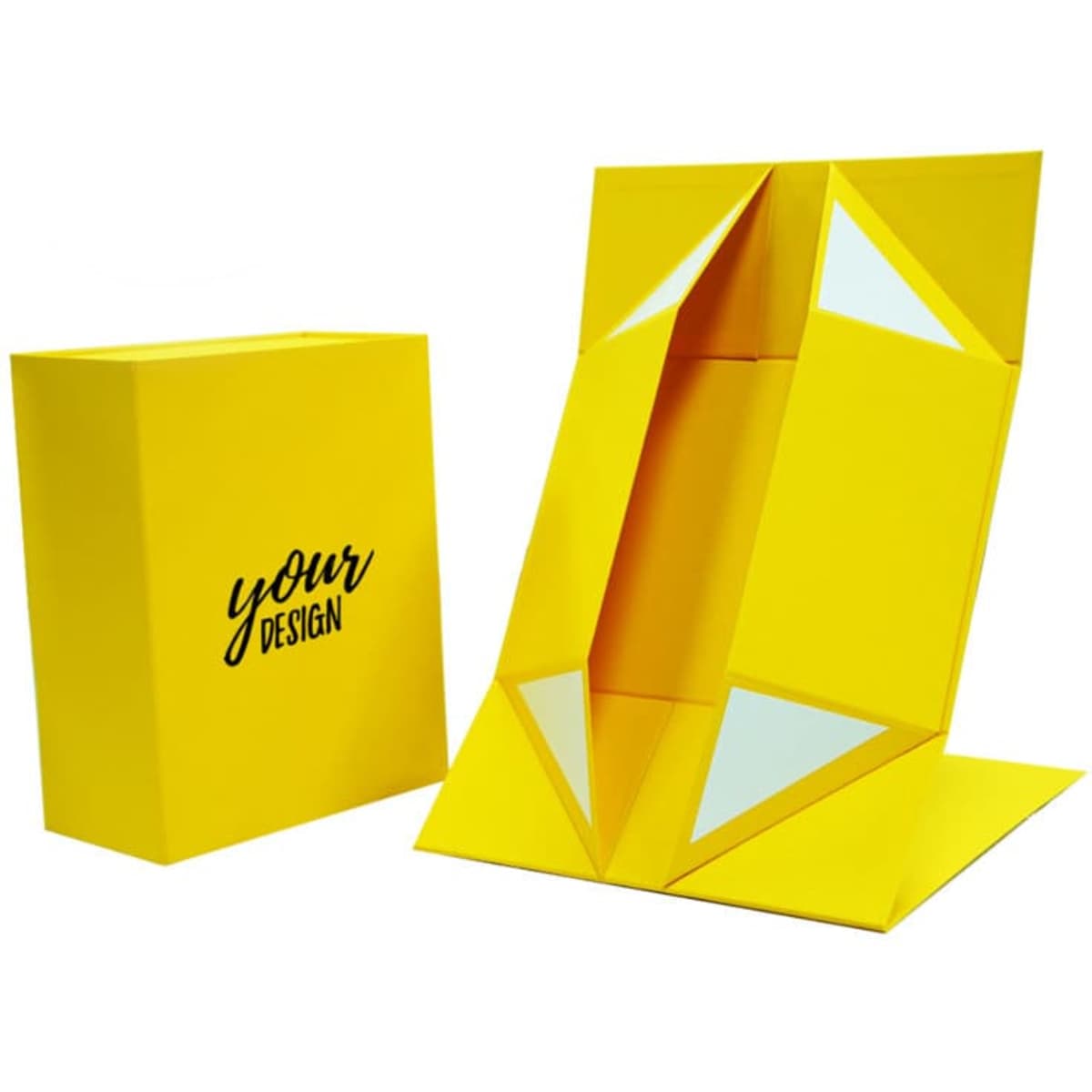 A yellow magnetic present gift box with a creative design and a matching outer box.