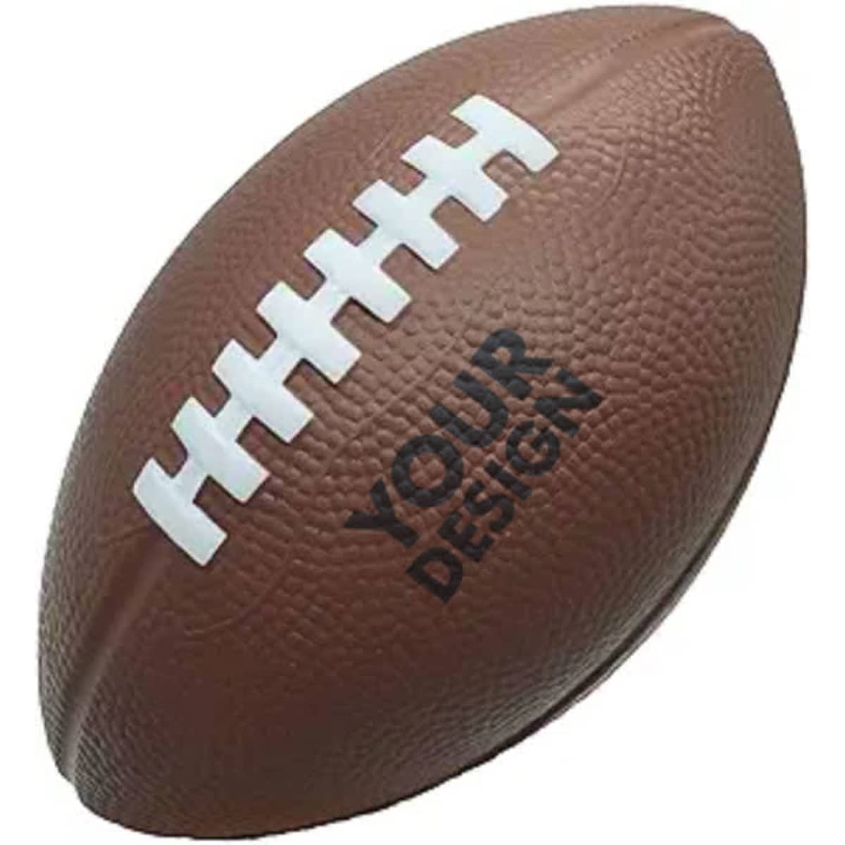 A brown soft rugby football with white stitching and a logo featuring "YOUR DESIGN".