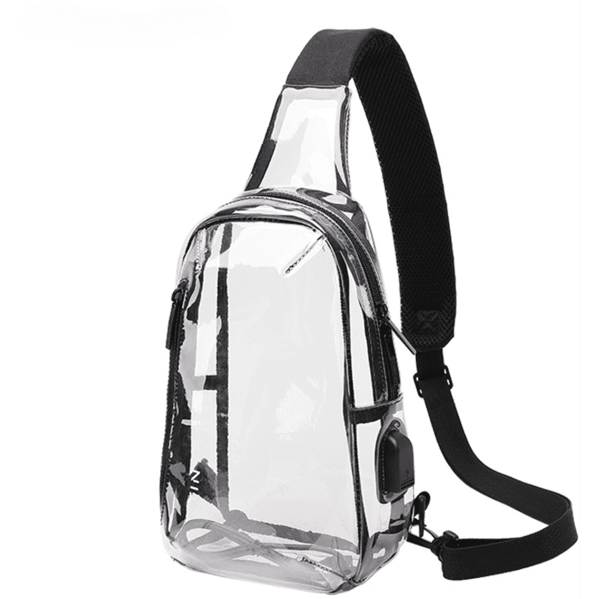 A transparent sling bag featuring black straps and a zippered compartment, with a logo on the front.