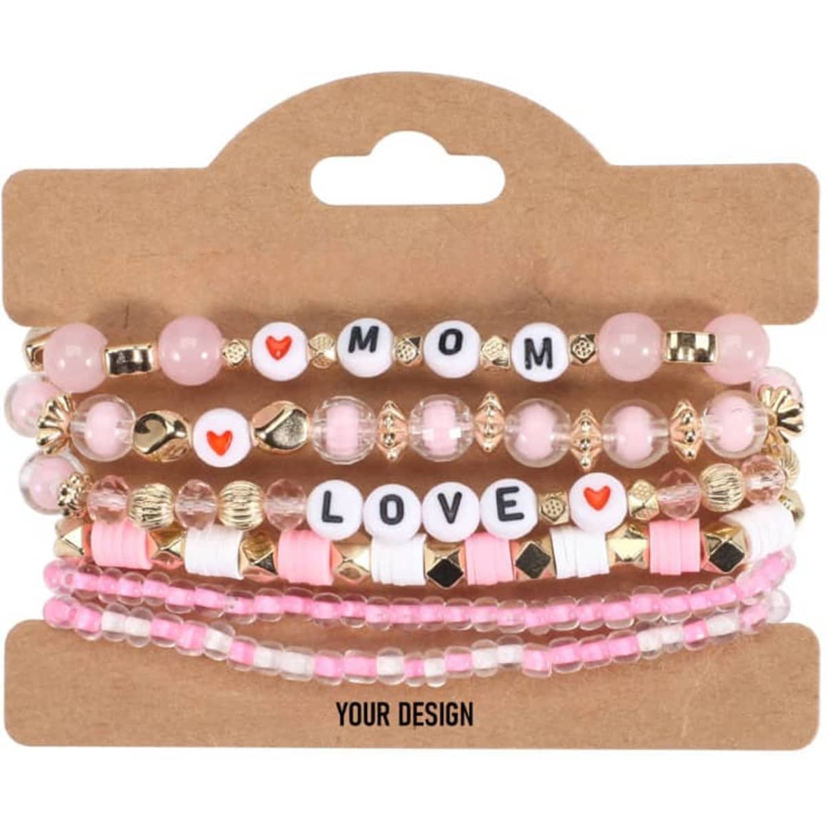 A set of clay bead friendship bracelets in pink tones, featuring beads with letters and decorative accents.