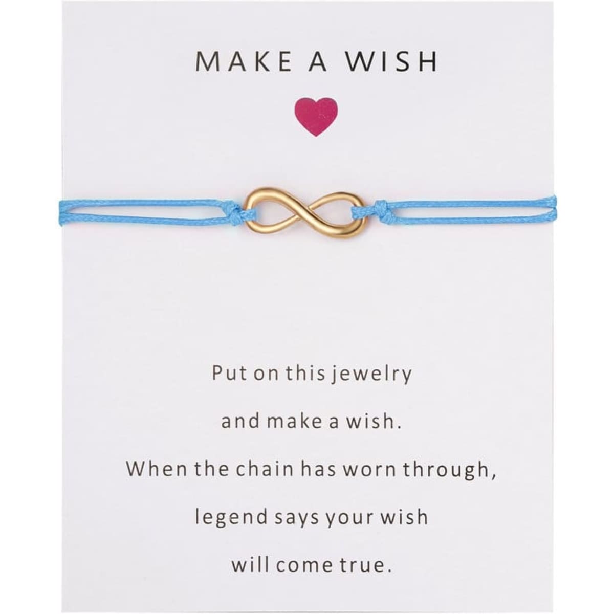 A braided blue bracelet featuring a gold infinity symbol, accompanied by wish cards.