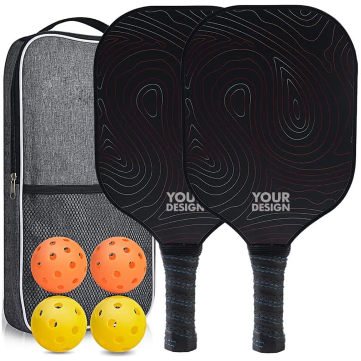 A grey carrying bag containing two black fiberglass pickleball paddles and three orange pickleballs.