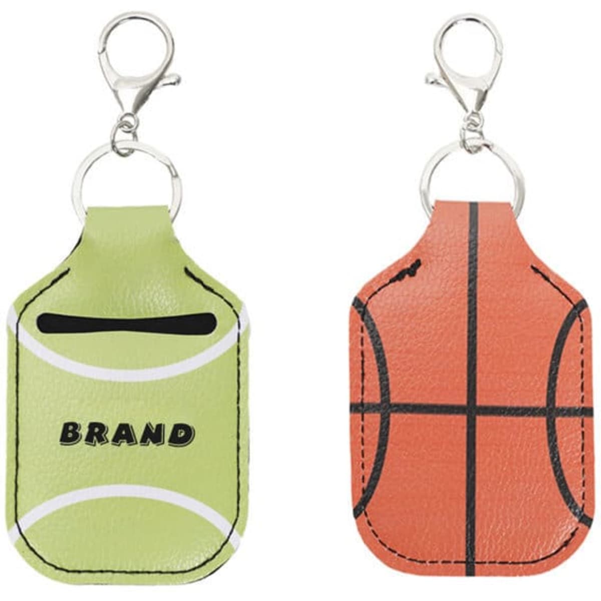 Two PU leather hand sanitizer holder keychains in green and orange, featuring sport-themed designs and a clip attachment.