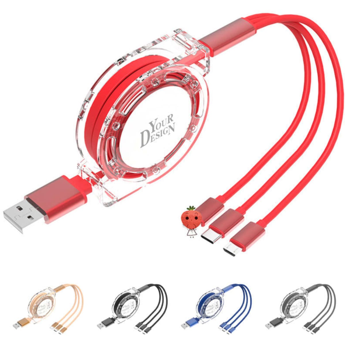 A red retractable multi-charging cord with USB, micro USB, and Type-C connectors, featuring a transparent casing and branding.